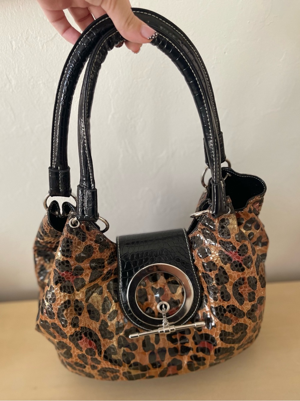 Leopard Print shoulder bag silver hardware statement purse hobo